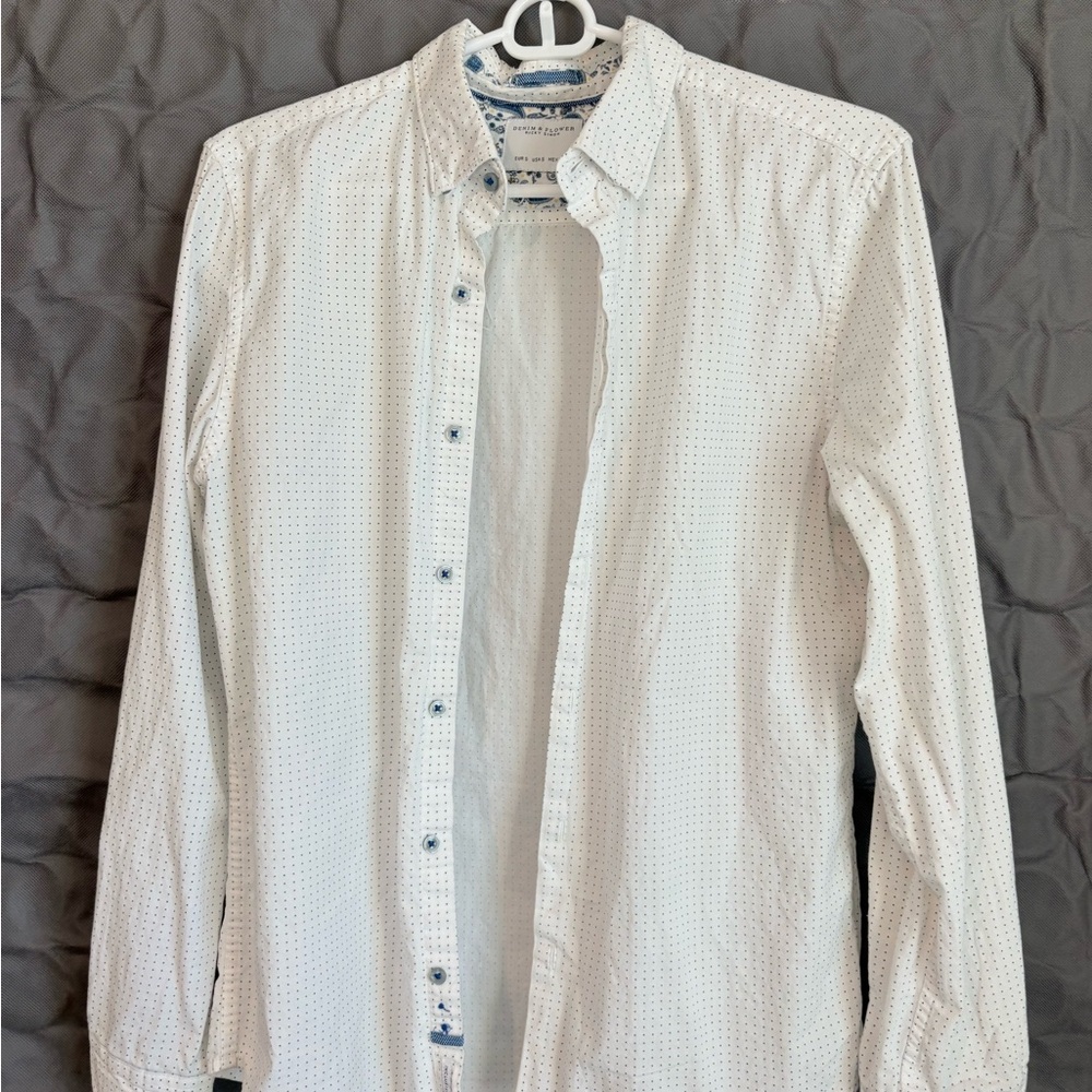 Denim & Flower White Long-Sleeve Button-Up Shirt with Navy Micro-Dots